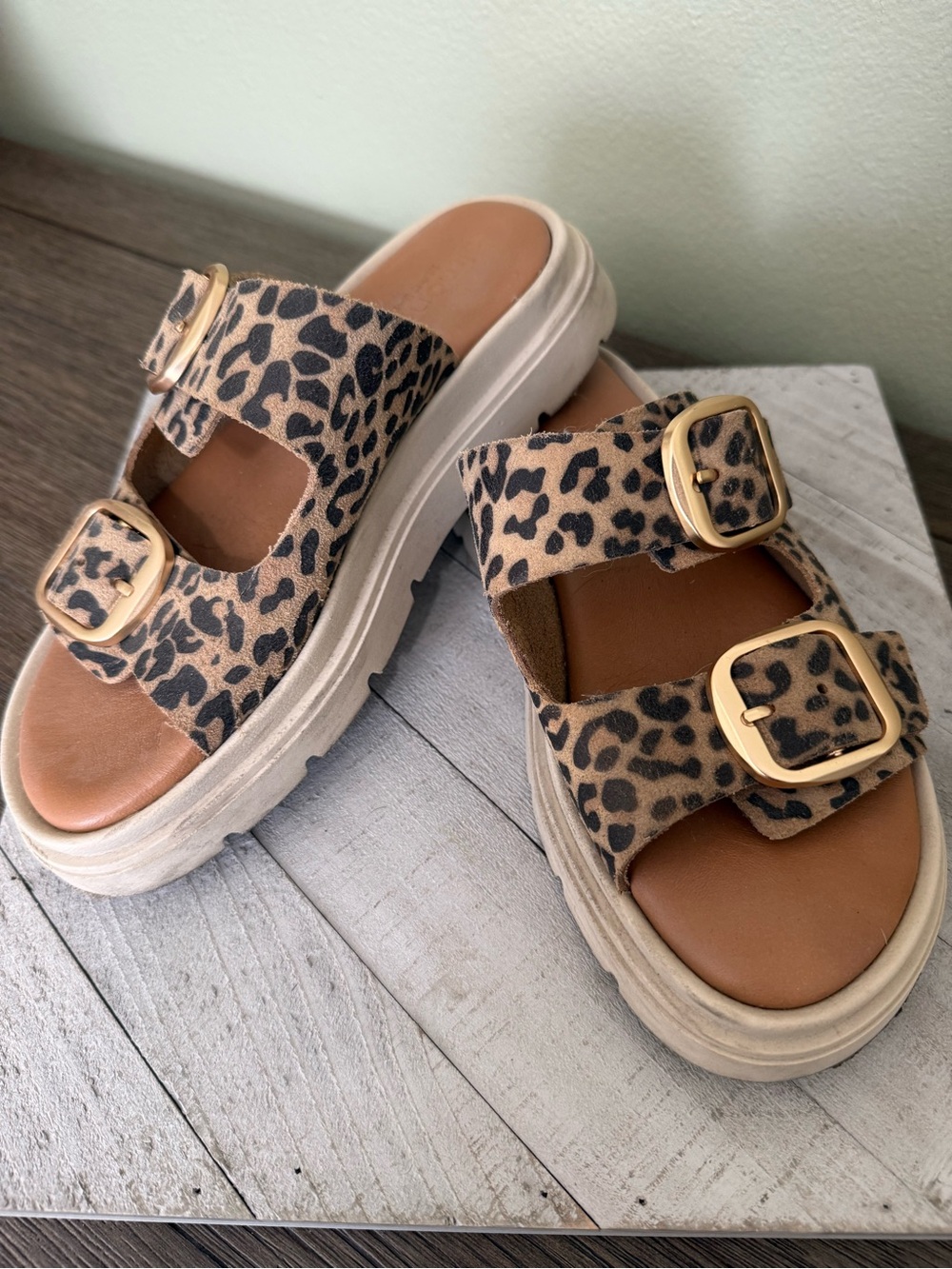 Leopard Print Double-Buckle Platform Slide Sandal